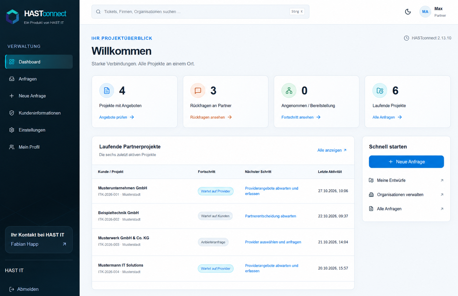 Anonymisiertes HASTconnect-Dashboard mit Projektstatus, Angeboten, Rückfragen und Musterunternehmen